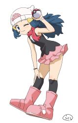 1girl ;) beanie black_shirt black_socks blue_eyes boots bracelet closed_mouth commentary_request dawn_(pokemon) eyelashes full_body hair_ornament hairclip hand_on_own_leg hand_up happy hat highres holding holding_poke_ball jewelry kneehighs knees long_hair miniskirt nintendo one_eye_closed pink_boots pink_skirt poke_ball poke_ball_(basic) pokemon pokemon_(anime) pokemon_dppt_(anime) rakushi_(kamekameha222) scarf shirt sidelocks simple_background skirt sleeveless sleeveless_shirt smile socks solo split_mouth white_background white_hat