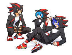 Rule 34 | 3boys, animal ears, black eyes, black hair, black jacket, black pants, blue hair, character hood, closed mouth, commentary request, cosplay, dual persona, fake animal ears, fake tail, full body, green eyes, hood, hood up, hoodie, humanization, jacket, korean commentary, looking at another, male focus, multiple boys, open mouth, pants, red eyes, red footwear, red hair, shadow the hedgehog, shadow the hedgehog (cosplay), shirt, short hair, simple background, sitting, sloth g ya, smile, soap shoes, sonic (series), sonic the hedgehog, sonic the hedgehog (classic), squatting, tail, white background, white shirt