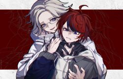 2boys 80buii ahoge aotsuki_eito blue_eyes clenched_teeth dated drawstring glasses grey_hair grey_jacket hands_on_another&#039;s_shoulders hands_up heart heart_hands highres hood hooded_jacket hoodie jacket male_focus multicolored_hair multiple_boys open_clothes open_jacket red_hair short_hair smile streaked_hair sumino_takumi sweat teeth the_hundred_line_-last_defense_academy- upper_body white_hoodie white_jacket yaoi