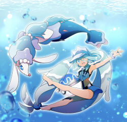 2girls aqua_eyes aqua_hair bare_legs blue_eyes bracelet closed_mouth crop_top gen_7_pokemon hatsune_miku highres jewelry long_hair low-tied_long_hair marie_(marie_cookie222) mermaid monster_girl multiple_girls nintendo official_alternate_costume official_alternate_hairstyle one_eye_closed pokemon pokemon_(creature) primarina project_voltage smile tan tanline twintails underwater very_long_hair visor_cap vocaloid water_miku_(project_voltage)