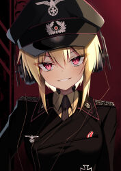 1girl absurdres blonde_hair cross epaulettes grin hat headphones highres iron_cross jiseki_rena looking_at_viewer military_dress_uniform military_uniform nazi necktie original peaked_cap red_eyes reichsadler rena_(jiseki_rena) short_hair smile solo throat_microphone totenkopf tsurime white_background