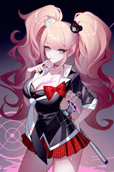 1girl axe bear_hair_ornament black_shirt blood bloody_weapon blue_eyes bow breasts chinese_commentary cleavage commentary_request cowboy_shot danganronpa_(series) enoshima_junko finger_to_mouth hair_ornament highres holding holding_axe holding_weapon large_breasts long_hair looking_at_viewer miniskirt necktie no_symbol pink_blood pink_hair pleated_skirt red_bow red_skirt sheya shirt sidelocks skirt smile solo standing thighs twintails very_long_hair weapon