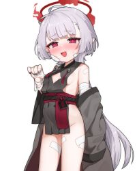 1girl absurdres bandaged_arm bandages black_nails blue_archive blush breasts cowboy_shot fang freehoney gauze gauze_on_cheek grey_hair halo highres loli long_hair looking_at_viewer mesugaki nail_polish open_mouth pelvic_curtain red_eyes red_halo shuro_(blue_archive) simple_background skin_fang small_breasts solo very_long_hair white_background
