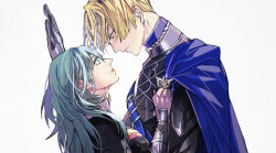 Rule 34 | arm up, belt, belt buckle, black gloves, black shirt, blonde hair, blue belt, blue cape, blue eyes, blush, breasts, buckle, cape, chest belt, commentary request, dimitri alexandre blaiddyd, eye contact, eyelashes, female byleth (fire emblem), fire emblem, fire emblem: three houses, from side, garreg mach monastery uniform, gloves, green eyes, hair behind ear, hand on another&#039;s chest, hetero, long hair, looking at another, looking up, nintendo, profile, school uniform, shirt, side cape, simple background, tsukimura noe, upper body, white background