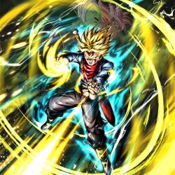 3boys aura blonde_hair dragon_ball dragon_ball_legends dragon_ball_super goku_black ki_blast multiple_boys official_art serious spiked_hair super_saiyan_rage sword trunks_(dragon_ball) trunks_(future)_(dragon_ball) weapon zamasu