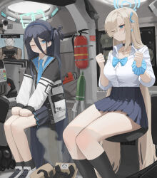 1boy 2girls absurdres aqua_bow aqua_bowtie aqua_halo aqua_nails aqua_ribbon aqua_scrunchie aris_(blue_archive) artillery_shell asuna_(blue_archive) asuna_(school_uniform)_(blue_archive) asymmetrical_bangs bare_legs black_hair black_hairband black_jacket black_skirt black_socks blonde_hair blue_archive blue_eyes blue_necktie bow bowtie clenched_hands collarbone collared_shirt commentary_request dark-skinned_male dark_skin dolri doodle_sensei_(blue_archive) double-parted_bangs eyes_visible_through_hair fire_extinguisher hair_between_eyes hair_over_one_eye hair_ribbon hairband halo hands_on_own_thighs high-waist_skirt highres indoors jacket kneehighs light_blush long_hair long_sleeves looking_at_another multicolored_jacket multiple_girls muscular muscular_male necktie one_eye_closed one_side_up partially_unbuttoned pleated_skirt puffy_long_sleeves puffy_sleeves ribbon scrunchie sensei_(blue_archive) shirt shirt_tucked_in shoes sitting skirt sneakers socks sweatdrop tank_interior two-tone_jacket v-shaped_eyebrows very_long_hair video_camera white_jacket white_shirt white_shoes wrist_scrunchie