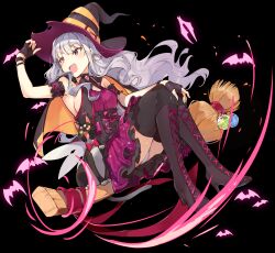 1girl armband armpits bat_(animal) black_cat black_thighhighs blunt_bangs blush boots breasts broom cat cleavage cleavage_cutout clothing_cutout commentary_request corset dress fingerless_gloves full_body gloves grey_hair hat high_heel_boots high_heels highres idolmaster idolmaster_(classic) long_hair looking_to_the_side miniskirt open_mouth panties potion purple_dress purple_eyes shijou_takane sideboob skirt sleeveless solo thighhighs thighs tuxedo_de_cat underwear wavy_hair white_panties witch witch_hat