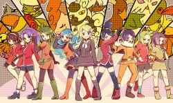 00s 10s 1990s_(style) 6+girls ace_trainer_(pokemon) belt bike_shorts black_hair blonde_hair blue_hair boots breasts brown_hair creatures_(company) everyone fanny_pack fingerless_gloves fur_trim furfrou furfrou_(natural) game_freak gen_1_pokemon gen_6_pokemon gloves green_hair hair_ornament hairband hairclip highres hip_focus holding holding_poke_ball knees legs lickitung long_hair looking_at_viewer meowstic meowstic_(female) miniskirt mizuto_(o96ap) multiple_girls necktie nidoking nintendo npc_trainer o96ap pantyhose poke_ball pokemon pokemon_(creature) pokemon_bw pokemon_dppt pokemon_gsc pokemon_hgss pokemon_rgby pokemon_rse pokemon_xy ponytail retro_artstyle shoes shorts sideboob skirt small_breasts smile socks thigh_boots thighhighs whip