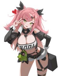 1girl absurdres amillion_(zenless_zone_zero) bangboo_(zenless_zone_zero) black_ribbon black_shorts blush breasts briefcase centauri_(saa98) cleavage clothing_cutout crop_top cutoffs earrings green_eyes hair_ornament hair_ribbon hairclip heart heart_earrings heart_necklace highres jewelry large_breasts long_hair looking_at_viewer micro_shorts midriff mole mole_on_breast mole_on_thigh mole_under_eye navel necklace nicole_demara pink_hair ribbon shorts shoulder_cutout single_thighhigh smile strapless thighhighs torn_clothes torn_thighhighs tube_top two_side_up v white_tube_top zenless_zone_zero