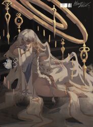 Rule 34 | 1girl, barbatos (genshin impact), bare shoulders, barefoot, braid, bright pupils, clearlyakiwii, cloak, detached sleeves, detached wings, dress, feet, genshin impact, hair between eyes, halo, highres, hood, hooded cloak, istaroth (genshin impact), long hair, on stairs, purple hands, solo, spirit, stairs, star (symbol), thighs, toes, very long hair, white hair, white pupils, wings, yellow eyes