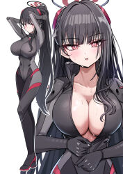 1girl absurdres arms_behind_head arms_up black_bodysuit black_hair black_halo blue_archive blush bodysuit breasts bright_pupils cleavage collarbone full_body halo highres impossible_bodysuit impossible_clothes large_breasts long_hair looking_at_viewer multiple_views official_alternate_costume official_alternate_hairstyle open_mouth pizzasi ponytail red_eyes rio_(blue_archive) rio_(bodysuit)_(blue_archive) simple_background standing sweat sweatdrop unzipping very_long_hair wet wet_face white_background white_pupils