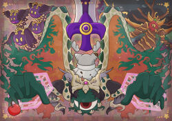 apple crown doomer_(kirby) dual_persona food fruit gear_print gloves grey_gloves highres huge_weapon kirby kirby&#039;s_return_to_dream_land_deluxe kirby_(series) magolor magolor_epilogue magolor_soul master_crown master_crown_(tree) nintendo no_humans one-eyed rampaging_doomers rayman_limbs spoilers star_(symbol) sword_kirby torn_clothes towara6316 tree ultra_sword_kirby weapon wings