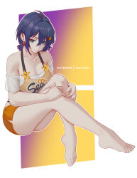 1girl absurdres bare_legs barefoot belle_(zenless_zone_zero) blue_hair breasts cleavage closed_mouth crossed_bangs green_eyes hair_ornament highres large_breasts letter_hair_ornament melowh orange_shorts patreon_username see-through_clothes see-through_shirt shirt short_hair shorts sitting smile solo zenless_zone_zero