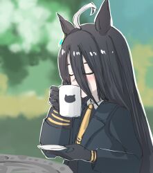 1girl absurdres ahoge animal_ears black_gloves black_hair black_jacket blurry blurry_background blush closed_eyes coffee coffee_mug commentary_request cup drinking ear_ornament gloves highres holding holding_cup holding_saucer horse_ears horse_girl jacket kanikama25 long_hair long_sleeves manhattan_cafe_(umamusume) mug necktie outdoors saucer sitting solo umamusume upper_body