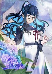 Rule 34 | bag, black-framed eyewear, black hair, black ribbon, blue hair, brown-framed eyewear, colored inner hair, dress, e rrrt, fate/grand order, fate (series), floral background, flower, grey eyes, high ponytail, highres, holding, holding umbrella, hydrangea, multicolored hair, ponytail, ribbon, shoulder bag, tenochitlan (over the same sky) (fate), tenochtitlan (fate), two-tone hair, umbrella, umbrella over shoulder, wavy hair, white dress
