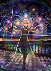 1girl absurdres ahoge artoria_pendragon_(fate) belt black_dress black_pantyhose black_ribbon black_shoes blonde_hair breasts checkered_floor cleavage conductor_baton dress elizabeth_tower fate/stay_night fate_(series) fireworks formal_clothes full_body green_eyes hair_ribbon hands_up high_heels highres holding_baton london long_sleeves looking_at_viewer night night_sky official_art outdoors pantyhose ribbon saber_(fate) second-party_source see-through_clothes shoes shrug_(clothing) sky smile solo standing strapless strapless_dress takeuchi_takashi updo water