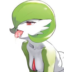 1girl bob_cut breasts collarbone colored_skin cum cum_in_mouth cum_on_tongue female_focus gardevoir gen_3_pokemon green_hair green_skin gu_deulmok hair_over_one_eye half-closed_eyes happy highres leaning_forward looking_down multicolored_skin nintendo one_eye_covered open_mouth pokemon pokemon_(creature) red_eyes short_hair simple_background small_breasts smile solo tongue tongue_out two-tone_skin upper_body white_background white_skin