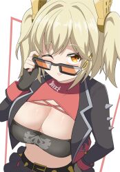 1girl black_gloves black_jacket black_shirt blonde_hair breasts burnice_white cleavage cleavage_cutout closed_mouth clothing_cutout crop_top cropped_jacket fingerless_gloves gloves highres hr-p jacket large_breasts looking_at_viewer medium_hair shirt smile solo sunglasses tongue tongue_out two_side_up yellow_eyes zenless_zone_zero