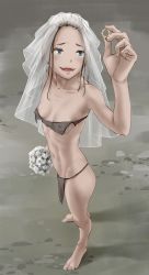 1girl absurdres blue_eyes bouquet breasts bridal_veil brown_hair covered_erect_nipples female_focus flower genderswap genderswap_(mtf) gollum heart heart-shaped_pupils highres humanization iskanderednaksi jewelry loincloth open_mouth outdoors ring small_breasts solo symbol-shaped_pupils the_lord_of_the_rings the_one_ring tolkien&#039;s_legendarium tolkien&#039;s_legendarium underwear underwear_only veil