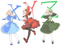 3girls :d :o ;d absurdres arm_up ascot black_ascot black_dress black_eyes black_pantyhose black_shoes blonde_hair blue_dress dress full_body hair_ornament highres long_sleeves looking_at_viewer multiple_girls multiple_persona nintendo official_alternate_costume one_eye_closed open_mouth pantyhose pokemon pokemon_masters_ex red_dress red_shoes serena_(pokemon) serena_(sygna_suit)_(pokemon) shoes short_hair smile u4_99384295 v white_ascot white_background white_pantyhose white_shoes x_fingers
