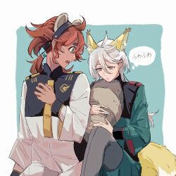 2girls animal_ears asticassia_school_uniform between_legs black_hairband black_pantyhose blue_background blue_eyes border closed_mouth commentary_request fox_ears fox_girl fox_tail green_jacket green_shorts grey_eyes gundam gundam_suisei_no_majo hairband highres hugging_tail jacket kemonomimi_mode long_hair long_sleeves miorine_rembran multiple_girls nishikae-poe open_mouth pantyhose ponytail raccoon_ears raccoon_girl raccoon_tail red_hair school_uniform shorts simple_background speech_bubble suletta_mercury tail thick_eyebrows thought_bubble translation_request white_border white_hair white_jacket yuri