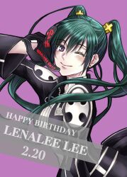 Rule 34 | 1girl, anniversary, belt, birthday, black gloves, black jacket, black order uniform, black shorts, black skirt, blush, cross, d.gray-man, earrings, english text, floating hair, front zipper, gloves, green hair, hair between eyes, hair ornament, hairclip, happy anniversary, happy birthday, highres, jacket, jewelry, lenalee lee, long hair, long sleeves, looking at viewer, miniskirt, one eye closed, purple background, purple eyes, shorts, sidelocks, simple background, skirt, smile, solo, striped clothes, striped jacket, stud earrings, twintails, v, vertical-striped clothes, vertical-striped jacket, white stripes, wide sleeves, yu chocochip, zipper
