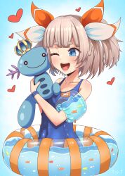 1girl bare_shoulders blue_eyes blue_one-piece_swimsuit breasts collarbone covered_navel crown fish gen_2_pokemon hair_between_eyes hair_tie hairband heart highres holding holding_pokemon indie_virtual_youtuber inflatable_armbands innertube lifebuoy marimari_en medium_hair mischiefmiz nintendo one-piece_swimsuit one_eye_closed pokemon pokemon_(creature) signature simple_background small_breasts smile striped_clothes striped_hairband swim_ring swimsuit teeth thick_eyebrows virtual_youtuber water white_hair wooper