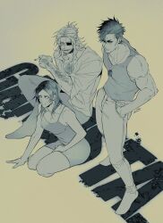 Rule 34 | 1girl, 2boys, absurdres, alex benedetto, bara, bear shakra, beard stubble, breasts, cigarette, cleavage, copyright name, dog tags, eyepatch, facial hair, from above, gangsta, greyscale, highres, kneeling, mature male, monochrome, multiple boys, muscular, muscular male, nicolas brown, partially unbuttoned, pectoral cleavage, pectorals, standing, stubble, tank top, thick arm hair, thick chest hair, thick eyebrows, tsurime, very hairy, worick arcangelo