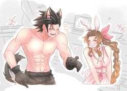 +++ 1boy 1girl 7_(milu577610) abs aerith_gainsborough animal_ears bare_shoulders black_gloves black_hair black_pants blush braid braided_ponytail breasts brown_hair cleavage closed_eyes collarbone commentary_request couple crisis_core_final_fantasy_vii dress facing_another final_fantasy final_fantasy_vii final_fantasy_vii_rebirth final_fantasy_vii_remake gloves grin hair_ribbon heart height_difference highres long_hair motion_lines open_mouth pants parted_bangs pink_dress pink_ribbon ponytail rabbit_ears rabbit_tail ribbon sidelocks smile spiked_hair tail toned toned_male topless_male upper_body wolf_ears wolf_tail zack_fair