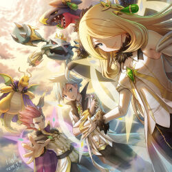 1girl 2boys blonde_hair cape closed_mouth commentary_request cynthia_(arc_suit)_(pokemon) cynthia_(pokemon) dated dragonite eyelashes garchomp gem gen_1_pokemon gen_3_pokemon gen_4_pokemon green_gemstone hair_ornament hair_over_one_eye highres hooh_lin jewelry lance_(arc_suit)_(pokemon) lance_(pokemon) long_hair long_sleeves metagross multiple_boys nintendo official_alternate_costume outdoors outstretched_arm pokemon pokemon_masters_ex ring signature smile spread_fingers steven_stone steven_stone_(arc_suit)