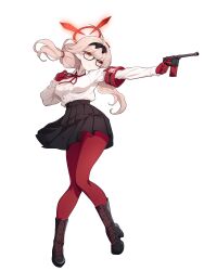 1girl absurdres ahoge armband black-framed_eyewear black_boots black_skirt blue_archive bolt_action boots breasts brown_eyes brown_hair center_frills chinatsu_(blue_archive) commentary_request floating_hair frills full_body glasses gloves gun halo high-waist_skirt highres holding holding_gun holding_weapon koflif lace-up_boots large_breasts long_hair mauser_98 neck_ribbon outstretched_arm pantyhose pleated_skirt red_gloves red_pantyhose red_ribbon ribbon rifle shirt simple_background skirt solo weapon white_background white_shirt