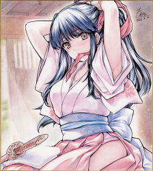1girl absurdres adjusting_hair armpits arms_behind_head artist_name blue_hair bow breasts brown_eyes dated hair_ribbon highres japanese_clothes legs long_hair long_skirt looking_at_viewer medium_breasts ponytail red_bow ribbon sakura_taisen sega shinguuji_sakura sitting skirt solo sword thighs traditional_media weapon