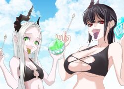 2girls alternate_costume asymmetrical_horns behemoth_(nikke) bikini black_bikini black_hair blue_tongue blunt_bangs breasts cleavage cloud cloudy_sky collarbone colored_tongue commentary cup fangs food four_beasts_(nikke) goddess_of_victory:_nikke green_eyes green_tongue grey_hair halterneck hands_up highres holding holding_cup holding_food holding_spoon horns kyaranenko large_breasts leviathan_(nikke) long_hair looking_at_viewer multiple_girls navel o-ring o-ring_bikini outdoors parted_hair red_eyes shaved_ice sidelocks single_horn sky slit_pupils small_breasts spoon swimsuit tongue tongue_out upper_body