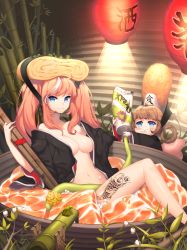 2girls absurdres ahoge anpolly bad_id bad_pixiv_id bamboo bare_legs bare_shoulders black_kimono window_blinds blunt_bangs blush blush_stickers bowl breasts brown_hair chopsticks clenched_teeth drooling fish flower food food_on_head frog hair_rings height_difference highres in_food japanese_clothes kimono lamp lampion lantern light_rays lily_of_the_valley long_hair looking_at_viewer medium_breasts multicolored_hair multiple_girls naked_kimono navel no_bra no_pants nori_(seaweed) object_on_head off_shoulder omelet open_clothes open_kimono orange_hair original paper_lantern plant rice saliva shrimp shrimp_tempura sidelocks sitting smile squeezing streaked_hair tamagoyaki tattoo teeth tempura tube twintails two-tone_hair wasabi white_hair wide_sleeves