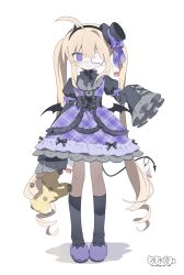 1girl ahoge black_hairband black_socks blonde_hair closed_mouth daizu_(melon-lemon) demon_horns demon_tail dress eyepatch frilled_dress frills full_body gothic_lolita hairband hat highres holding holding_stuffed_toy horns kneehighs lolita_fashion long_hair long_sleeves looking_at_viewer medical_eyepatch mini_hat original price_tag purple_dress purple_eyes short_dress sideways_hat simple_background sleeves_past_fingers sleeves_past_wrists socks solo standing stuffed_animal stuffed_toy tail twintails very_long_hair white_background wings