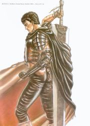 1990s_(style) armor bandages berserk black_hair cape dragonslayer_(sword) guts_(berserk) highres huge_weapon miura_kentarou prosthesis sword weapon