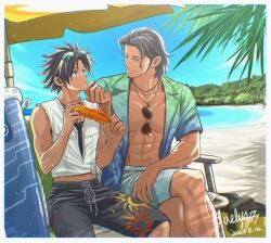 Rule 34 | 2boys, abs, aelys77, angeal hewley, angeal hewley (cosplay), angeal hewley (resort style), aqua eyes, aviator sunglasses, beach, beach umbrella, beard, black hair, black male swimwear, black undershirt, buster sword, chinstrap beard, corn, corn cob, cosplay, crisis core final fantasy vii, cropped vest, crossed legs, dated, eyewear on head, facial hair, feet out of frame, final fantasy, final fantasy vii, final fantasy vii ever crisis, floral print, food, hand on another&#039;s chin, hawaiian shirt, holding, holding food, inflatable sword, looking at another, male focus, male swimwear, medium hair, midriff peek, multiple boys, muscular, muscular male, ocean, palm tree, parted bangs, shirt, sitting, spiked hair, sunglasses, tree, umbrella, vest, white male swimwear, white vest, yaoi, zack fair, zack fair (cosplay), zack fair (surfer look), zack fair (tropical beach)