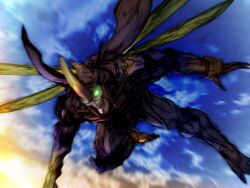 1boy blue_sky fake_horns flying from_below game_cg glowing glowing_eyes helmet horned_helmet horns insect_wings kawano_takuji looking_down male_focus mask official_art skull_mask sky solo solo_focus tekken tekken_4 wings