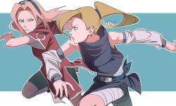 absurdres bandaged_torso bike_shorts black_shorts blonde_hair blue_eyes closed_mouth detached_sleeves dress earrings green_eyes haruno_sakura highres jewelry konohagakure_symbol long_hair looking_at_another looking_at_viewer naruto_(classic) naruto_(series) outline pink_hair pnpk_1013 red_dress shorts simple_background twitter_username white_outline yamanaka_ino
