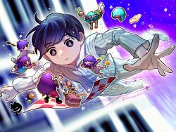 Rule 34 | 2girls, 4boys, alternate costume, alternate eye color, aubrey (headspace) (omori), aubrey (omori), basil (headspace) (omori), basil (omori), black eyes, black hair, blue shirt, bow, bright pupils, cat, checkered blanket, closed mouth, food, fried egg, fruit, green hair, hair bow, head wreath, hero (headspace) (omori), hero (omori), highres, kel (headspace) (omori), kel (omori), long hair, long shirt, long sleeves, looking at another, mari (headspace) (omori), mari (omori), mewo, mini person, miniboy, minigirl, multiple boys, multiple girls, neckerchief, omori, open mouth, pajamas, parted lips, picnic basket, picnic blanket, pink bow, purple hair, putao tao zi, red neckerchief, red skirt, shirt, short hair, skirt, socks, spatula, sprout mole, striped clothes, striped pajamas, sunny (omori), t-shirt, tank top, vertical-striped clothes, vertical-striped pajamas, watermelon, white pupils, white socks