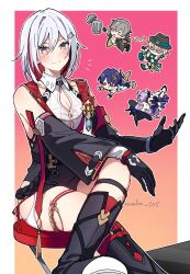 Rule 34 | 2girls, 3girls, aventurine (honkai: star rail), black gloves, border, breasts, caelus (honkai: star rail), cleavage, colored inner hair, dr. ratio (honkai: star rail), gloves, gradient background, grey hair, highres, honkai: star rail, honkai (series), jade (honkai: star rail), macha cos, multicolored hair, multiple girls, red hair, streaked hair, topaz (honkai: star rail), trailblazer (honkai: star rail), white border