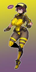 Rule 34 | 1girl, awaria, black gloves, bodysuit, breasts, cleavage, commentary, cropped jacket, earmuffs, english commentary, english text, full body, gintm, gloves, gradient background, grin, hat, holding, holding wrench, jacket, large breasts, leg up, looking at viewer, open clothes, open jacket, prototype design, purple background, purple eyes, purple hair, see-through cleavage, see-through clothes, short hair, skin tight, sleeves pushed up, smile, solo, speech bubble, ula usterka, wrench, yellow background, yellow bodysuit