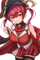 1girl absurdres ahaha_kun ascot bicorne black_coat black_hat black_thighhighs blush breasts brooch buttons cleavage coat commentary covered_navel cropped_jacket eyepatch frilled_shirt_collar frills gold_trim grin hair_ribbon hat heterochromia highres holding_eyepatch hololive houshou_marine houshou_marine_(1st_costume) jacket jewelry lapel_pin lapels large_breasts leaning_forward leotard leotard_under_clothes long_hair looking_at_viewer miniskirt no_eyepatch notched_lapels off_shoulder pirate_hat pleated_skirt red_ascot red_eyes red_hair red_jacket red_ribbon red_skirt ribbon see-through_clothes see-through_cleavage see-through_leotard see-through_midriff simple_background skirt sleeveless sleeveless_jacket smile solo thighhighs twintails unworn_eyepatch virtual_youtuber white_background yellow_eyes zettai_ryouiki