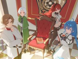 1boy 3girls absurdres ahoge blue_eyes blue_hair book braid breasts brown_hair capelet chair cloak closed_mouth commentary_request crossed_bangs cup elf eris_greyrat finger_to_own_chin from_above gloves green_capelet green_cloak green_eyes grey_robe hair_over_shoulder hairband highres holding holding_cup husband_and_wife husband_and_wives jacket large_breasts long_braid long_hair looking_at_viewer midriff multiple_girls mushoku_tensei navel open_book pointy_ears ranoa_magic_academy_school_uniform red_eyes red_hair robe roxy_migurdia rudeus_greyrat school_uniform short_hair smile standing sylphiette_(mushoku_tensei) teacup tenkiraku tile_floor tiles twin_braids white_gloves white_hair white_jacket