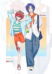 1boy 1girl alternate_costume amate_yuzuriha aqua_eyes aqua_shirt artist_name bag baggy_pants baseball_jersey blue_pants blue_tank_top casual closed_eyes collared_shirt commentary donguziddd drink eyewear_on_head fashion grin gundam gundam_gquuuuuux hand_in_pocket hashtag-only_commentary highres holding holding_drink jersey long_sleeves medium_skirt midriff mouth_hold multicolored_eyes multicolored_hair neckerchief one_eye_closed open_clothes open_shirt orange_neckerchief orange_skirt overshirt pants red_hair red_shoes shirt shoes short_hair shoulder_bag shuji_ito skirt smile sneakers standing standing_on_one_leg striped_tank_top sunglasses tank_top two-tone_eyes two-tone_hair unbuttoned unbuttoned_shirt watch wavy_hair white_shirt white_shoes white_tank_top wristwatch