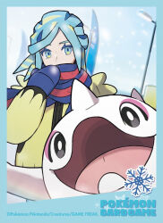 1boy blue_border blue_eyes blue_mittens blue_scarf blue_sky border cetoddle colored_eyelashes copyright_name copyright_notice covered_mouth creatures_(company) day eyelashes game_freak grusha_(pokemon) highres lamppost long_hair mittens nintendo official_art open_mouth pokemon pokemon_(creature) pokemon_sv pokemon_tcg red_scarf scarf sky smile snowflakes snowing sweater third-party_source two-tone_scarf upper_body yellow_sweater