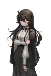 absurdres ahoge black_bow black_bowtie black_hair black_jacket black_skirt black_suspenders bow bowtie breasts eyeliner frilled_shirt frills grimmi_(vtuber) hashtag-only_commentary highres indie_virtual_youtuber jacket jacket_on_shoulders lipstick long_hair long_skirt long_sleeves makeup mascara medium_breasts nishidu occult painterly pale_skin petite shirt sidelocks skirt suspender_skirt suspenders virtual_youtuber white_background white_shirt yellow_eyes
