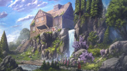 1other armor blue_sky bridge cape cloud cobblestone flower from_behind from_side grass highres hill house landscape original painterly purple_flower red_cape refiend river road rock scenery signature sky stairs tree walking water waterfall white_hair