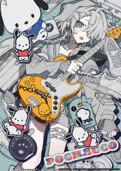1girl absurdres artist_name backpack bag choker cup grey_choker grey_hair guitar hair_ornament hair_over_one_eye hairpin headphones highres instrument looking_at_viewer mochizuki_kei open_mouth pochacco randoseru sanrio solo teacup thigh_strap thighs x_hair_ornament