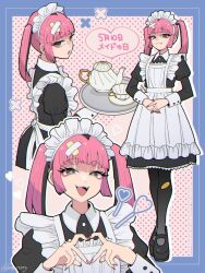 1girl :3 alternate_costume apron bandaid bandaid_hair_ornament black_dress black_eyes black_hair black_pantyhose black_shoes blue_border border bright_pupils closed_mouth collared_dress commentary_request coral_(pokemon) cropped_legs crossed_bandaids cup dress enmaided eyelashes eyeliner fang fang_out four-finger_heart_hands frilled_apron frills full_body hair_ornament heart heart_hands highres juliet_sleeves long_sleeves looking_at_viewer maid maid_apron maid_day maid_headdress makeup mary_janes moe_moe_kyun! mogutory multicolored_hair multiple_views nail_polish nintendo open_mouth outside_border pantyhose pink_eyeliner pink_hair pink_nails pokemon pokemon_(anime) pokemon_horizons puffy_sleeves saucer shoes sidelocks smile standing teacup teapot translation_request tray twintails twitter_username two-tone_hair upper_body very_long_fingernails white_apron white_pupils